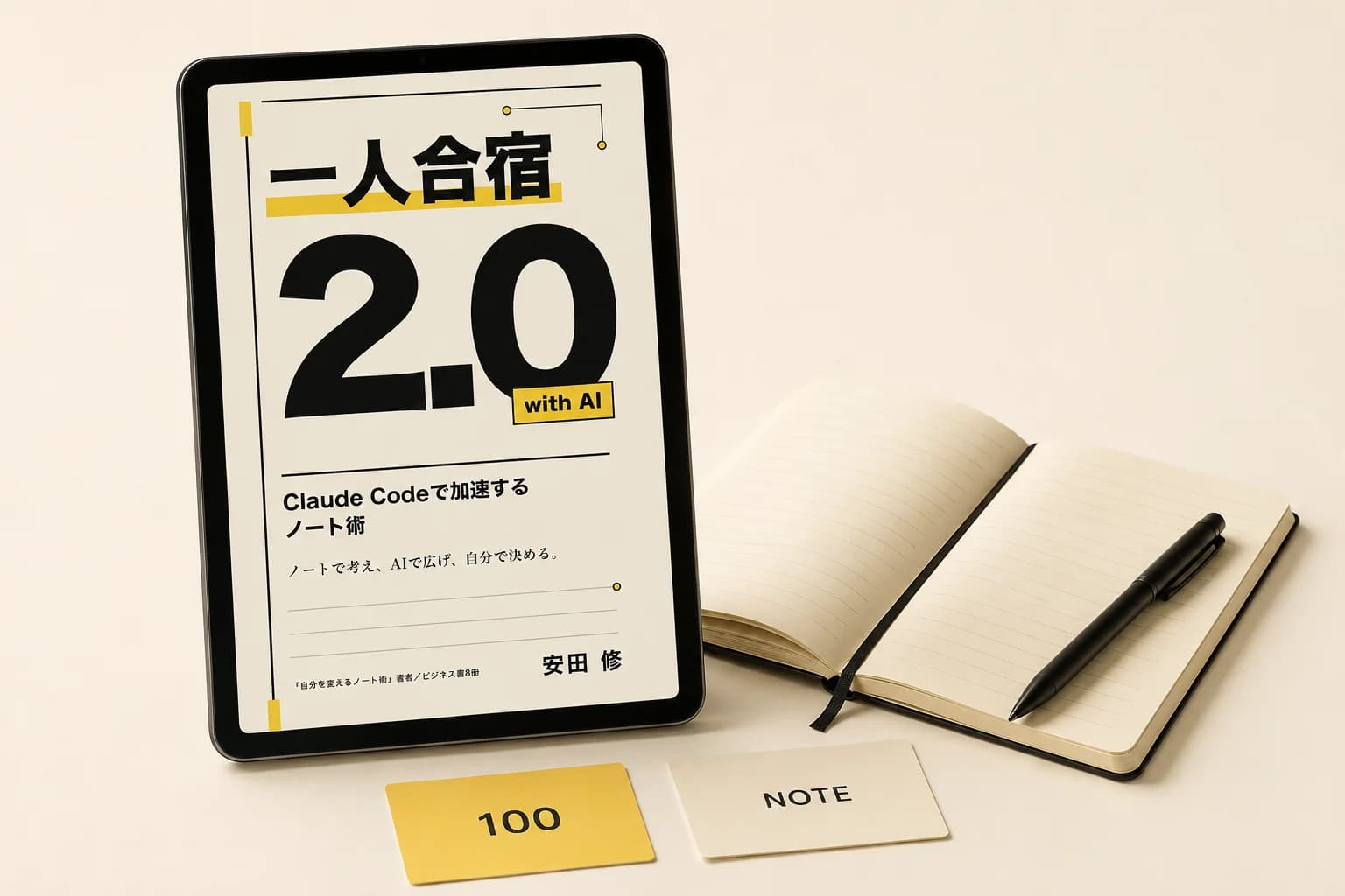電子書籍『一人合宿2.0』を表示した端末と、ノート・特典カードのイメージ
